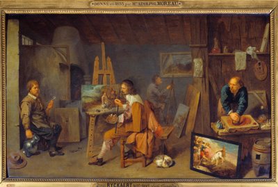 Atelier del pittore con modello in posa e macinatore di colori da David III Ryckaert