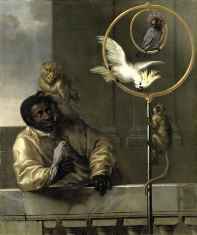 Uomo nero con pappagalli e scimmie, 1670 da David Klöcker Ehrenstrahl