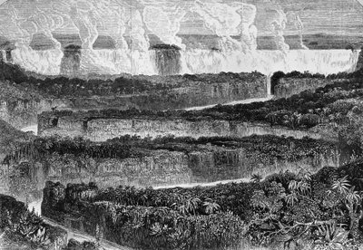 Veduta delle grandi cascate dello Zambesi, conosciute come Mosi-oa-Tunya o Cascate Vittoria, Zambia (incisione) da David Livingstone