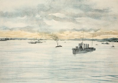 Un cacciatorpediniere in un porto, illustrazione da 