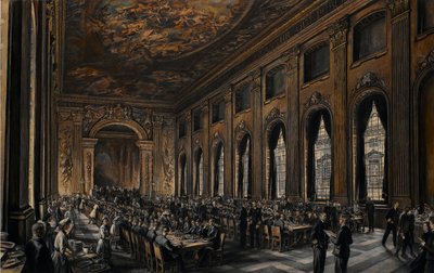 Ufficiali che cenano nella sala dipinta (al Royal Hospital di Greenwich, Inghilterra, per i pensionati della marina) durante la Seconda Guerra Mondiale (1939-1945) da David Muirhead Bone