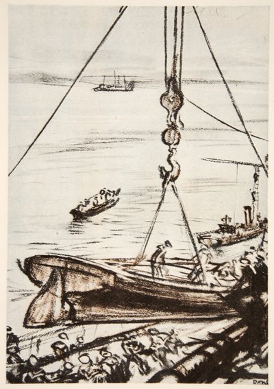 Su una nave da guerra: abbassamento di una barca dal derrick principale, illustrazione da 