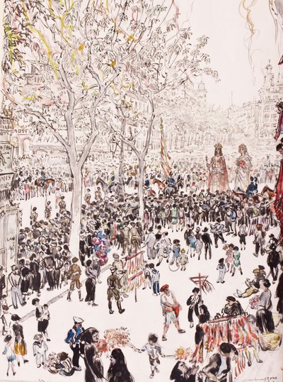 La bandiera della città e i giganti, Processione del Corpus Domini, le Ramblas, Barcellona, 8 giugno da David Muirhead Bone