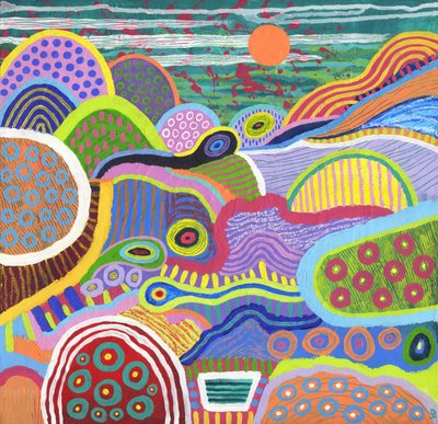 Floating World Valley, 2021 (acrilico e pastello a olio su tela) da David Newton
