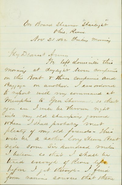 Lettera da D. P. Grier, a bordo del piroscafo Starlight, Fiume Ohio, ad Anna McKinney, 21 novembre 1862 da David Perkins Grier