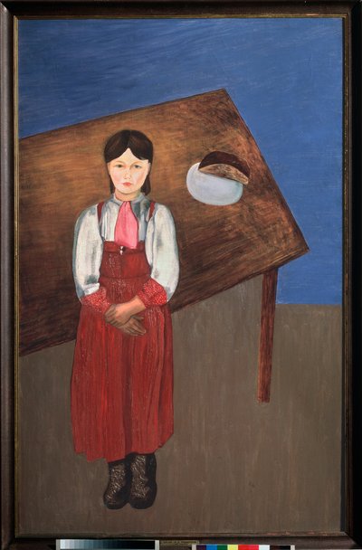 Aniska. (ritratto di una bambina malinconica davanti a un tavolo). Dipinto di David Petrovich Sterenberg (1881-1948), olio su tela da David Petrovich Sterenberg