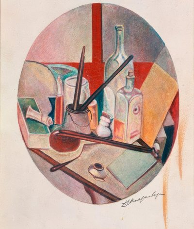 Natura morta ovale con bottiglia e materiali da pittura da David Petrowitsch Sterenberg