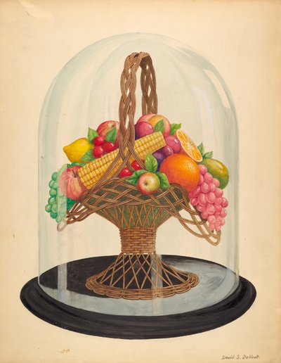 Ornamento, frutta di cera sotto globo di vetro da David S. De Vault