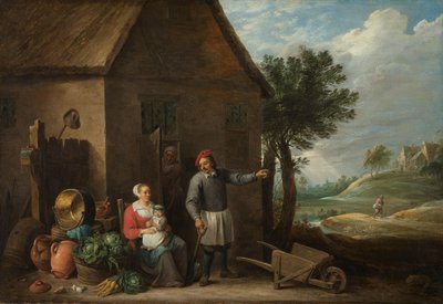 Contadino alla porta di un cottage con una donna seduta e un bambino da David Teniers (II)