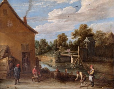 Contadini che giocano a bocce davanti a una locanda vicino a un fiume, XVII secolo da David Teniers II