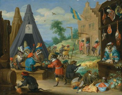 Un festival di scimmie (Scimmie vestite da soldati in un accampamento vicino a una città) da David Teniers the Younger