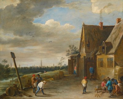 Gioco dei nove birilli con vista su Anversa da David Teniers the Younger