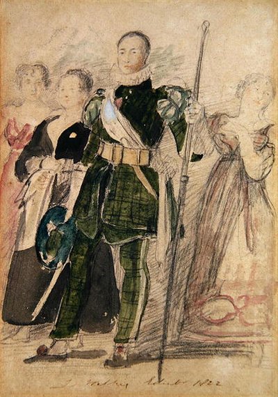 Un arciere e un gruppo di donne al Palazzo di Holyrood durante la visita del re da David Wilkie