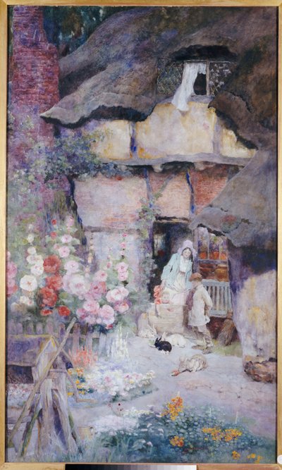 Una madre e bambini che nutrono conigli alla porta di un cottage con tetto di paglia da David Woodlock