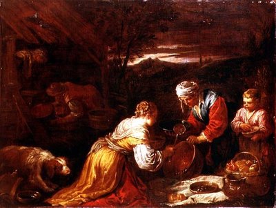Contadini che preparano cibo fuori da una casetta, un paesaggio esteso oltre da David the Younger (attr. to) Teniers