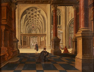 Figure che conversano su un sentiero, rovine di un castello sullo sfondo da David the Younger (follower of) Teniers