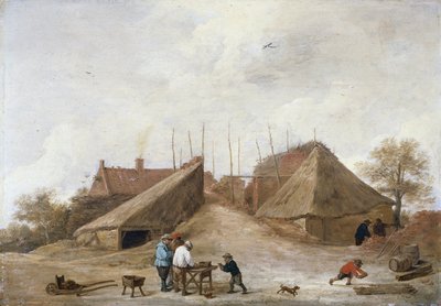Un cortile di fattoria con figure intorno a un tavolo da David Teniers the Younger