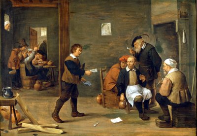 Un gruppo di uomini che si riscaldano davanti a un camino. da David Teniers the Younger