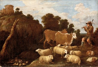 Paesaggio fluviale con un pastore che suona un flauto con rovine classiche su una collina oltre da David Teniers the Younger