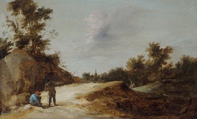 Contadini che riposano su un sentiero in un paesaggio roccioso e boscoso da David Teniers the Younger