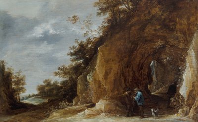 Contadini che riposano su un sentiero in un paesaggio boscoso roccioso da David Teniers the Younger