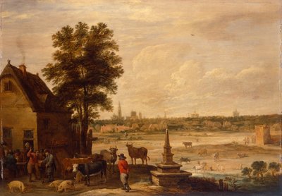 Contadini che contrattano la vendita di un maiale ai confini della città di Anversa da David Teniers the Younger