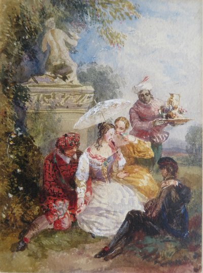 Ospiti eleganti a una festa in maschera in una casa di campagna da David the younger Cox