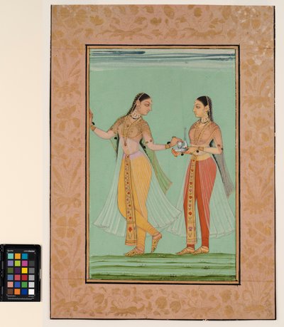 Una signora in piedi riceve un vassoio dalla sua cameriera, c.1670 da Deccani School