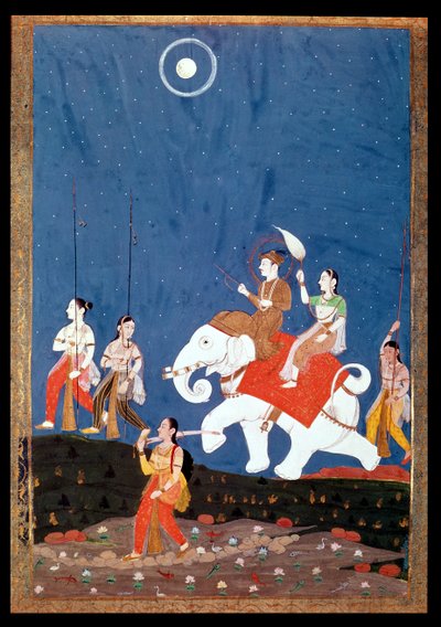 Un principe indiano su un elefante bianco, illustrazione del modo musicale Deepak Raga, inizio XIX secolo da Deccani School