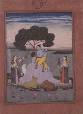 BL cat. no.428, da un Johnson Album no. 20 item 3, Krishna che suona per due gopi, Hyderabad, c.1770 da Deccani School