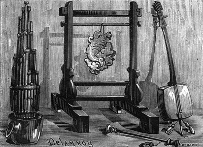 Strumenti musicali cinesi: organo, pietra sonora e violino da Delannoy Delannoy