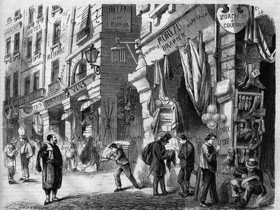 Parigi, vista delle gallerie coperte al piano terra delle case di rue de la Tonnelerie, chiamate anche i pilastri delle Halles, incisione da un disegno di Delannoy, in 