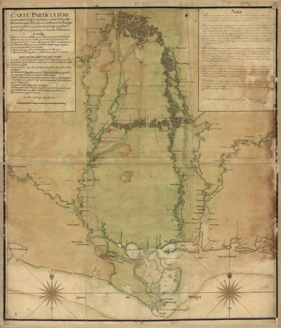 Carta particolare di una parte della Louisiana dove i fiumi e i fiumi sono stati rilevati a stima e le rotte via terra rilevate e misurate a passi, dai Srs. Broutin, de Vergés, ingegneri e Saucier disegnatore da Demarigny