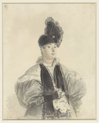 Ritratto di una signora in piedi con scialle nero e cappello nero da Denis Auguste Marie Raffet