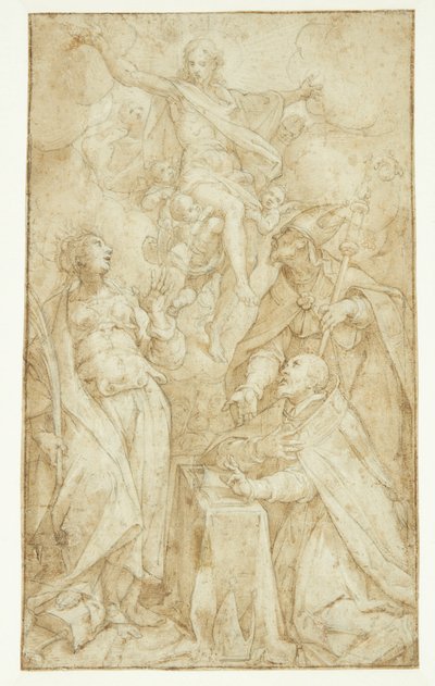 Cristo tra le nuvole, portato dagli angeli, appare a un vescovo presso un leggio, un vescovo santo (Sant