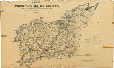 Mappa della provincia di La Coruña con le strade statali e provinciali e i sentieri comunali sovvenzionati. Pubblicata per accordo della Commissione provinciale da Deputación da Coruña