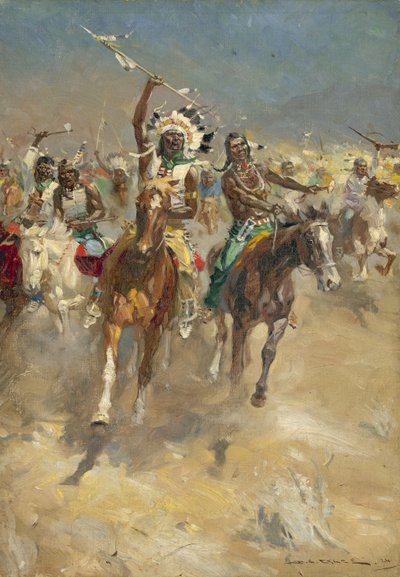 Indiani a cavallo in carica (gouache su carta) da Derek Charles Eyles