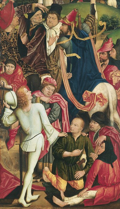 Cavalieri e soldati che giocano a dadi per la tunica di Cristo da Derick Baegert