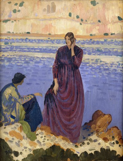 Due donne sulle rocce vicino al mare da Derwent Lees