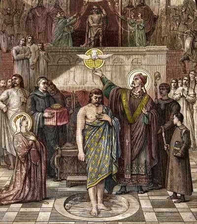 San Remigio battezza Clodoveo a Reims - Il battesimo del re dei Franchi Clodoveo I (466-511) a Reims da parte del vescovo San Remigio il 25/12/496 (o 499) - incisione dal dipinto di Desire Francois Laugee da Desire Francois Laugee