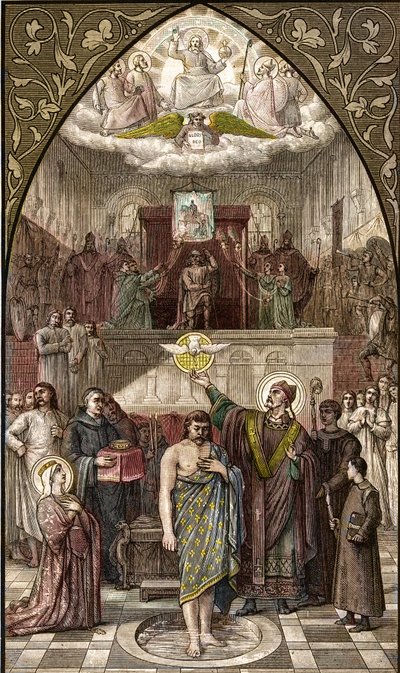 San Remigio battezza Clodoveo a Reims - Il battesimo del re dei Franchi Clodoveo I a Reims da parte del vescovo San Remigio il 25/12/496 (o 499) - incisione dal dipinto di Desire Francois Laugee da Desire Francois Laugee