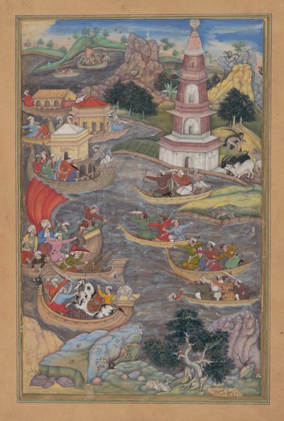 Alessandro combatte una battaglia navale, Folio dal Khamsa Quintet di Amir Khusrau Dihlavi da Dharmadas