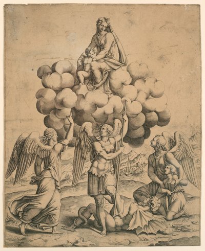 Gli arcangeli Michele, Gabriele e Raffaele adorano la Madonna e il Bambino da Diana Mantuana