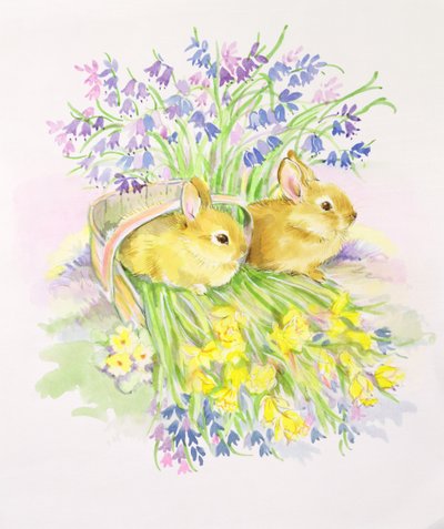 Conigli in un cesto con narcisi e campanule da Diane Matthes
