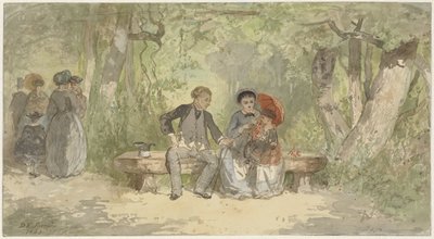 Uomo, donna e bambino su una panchina nel parco da Diederik Franciscus Jamin