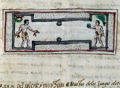 Aztechi che giocano a pelota, miniatura dalla Storia delle Indie (Historia de las Indias) di Diego Duran (1537-1588), manoscritto del 1579 da Diego Duran