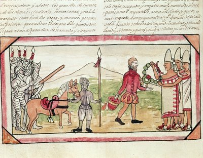 Incontro di Hernando Cortes (1485-1547) e Montezuma (1466-1520), miniatura dalla 
