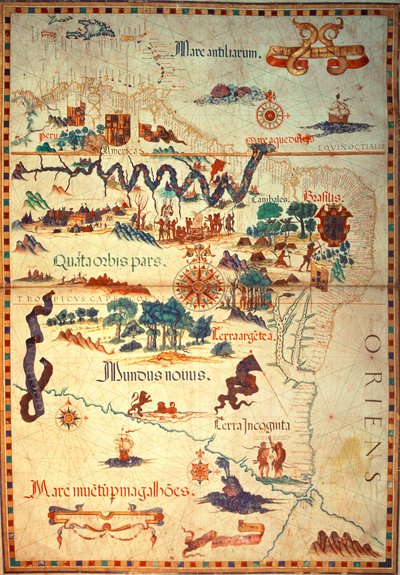 Atlante di Diego Homem del Sud America, che mostra gli indiani nei loro insediamenti, il campo della forza di spedizione spagnola e uomini in armatura, c.1558 da Diego Homem