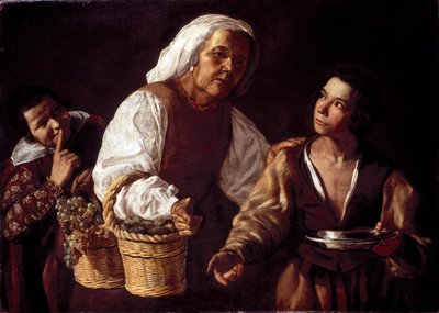 I due ragazzi e la vecchia fruttivendola. Dipinto di Diego Rodriguez de Silva y Velázquez da Diego Rodriguez de Silva y (attr. to) Velazquez