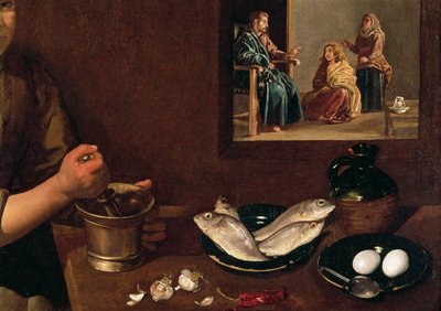 Scena di cucina con Cristo nella casa di Marta e Maria (dettaglio del cibo sul tavolo con Cristo, Marta e Maria sullo sfondo), c.1618 da Diego Velázquez